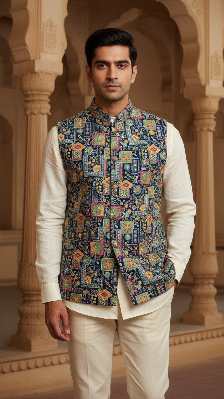 Designer Floral Position Printed Nehru Koti Only Fabric