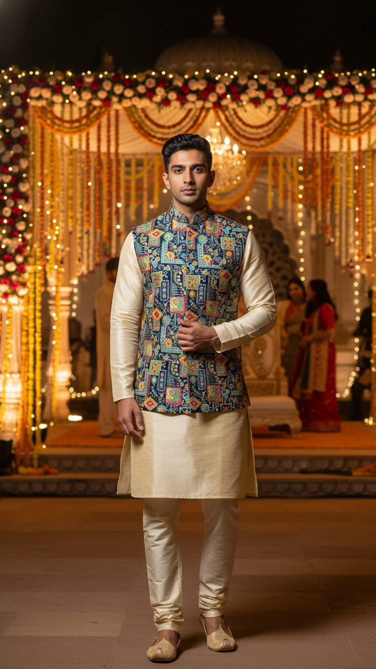 Designer Floral Position Printed Nehru Koti Only Fabric