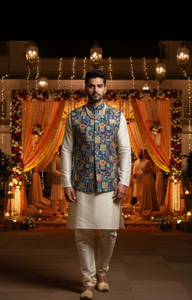 Designer Floral Position Printed Nehru Koti Only Fabric