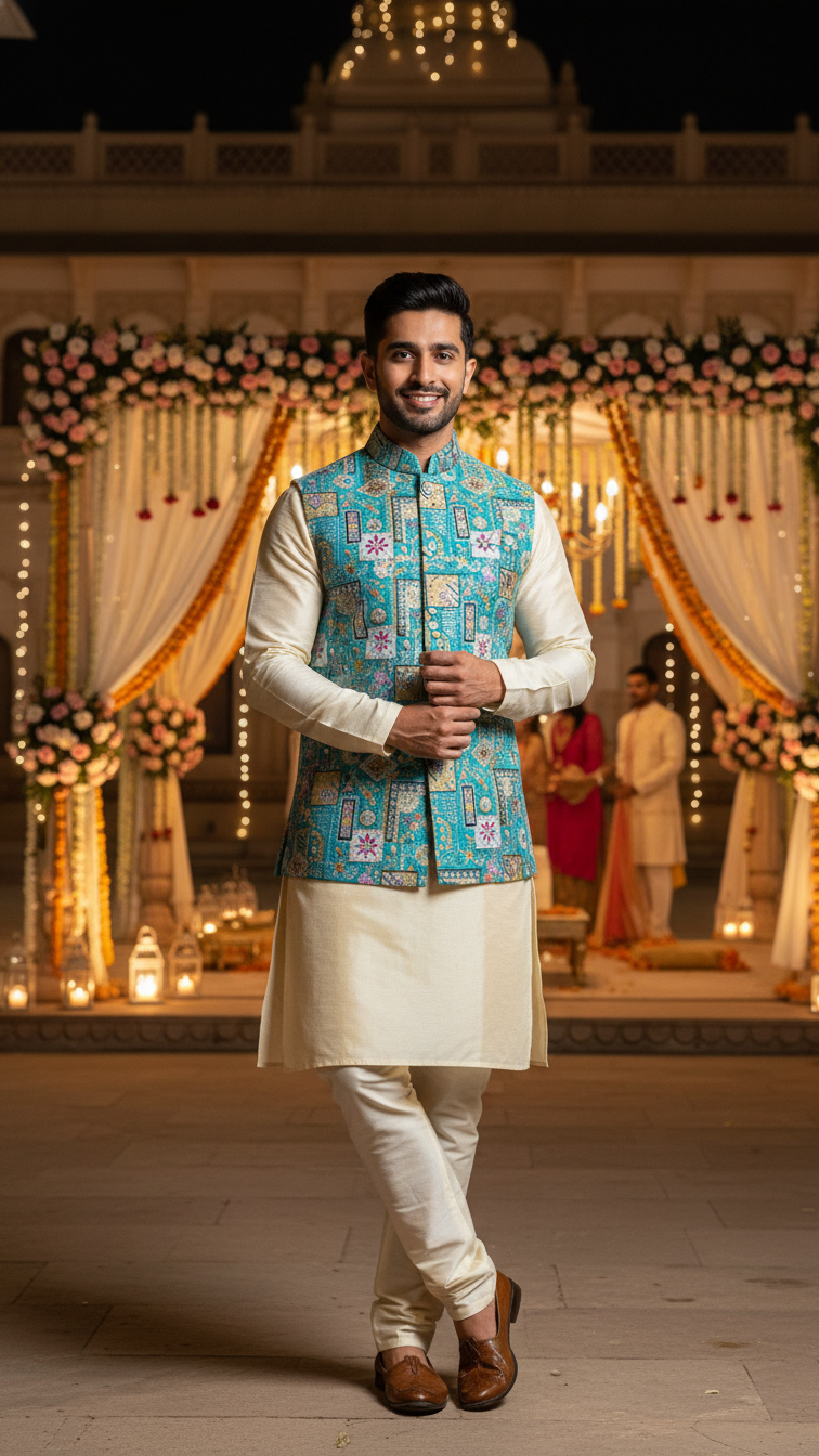 Designer Floral Position Printed Nehru Koti Only Fabric