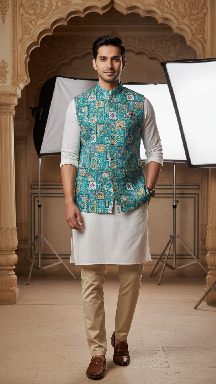 Designer Floral Position Printed Nehru Koti Only Fabric