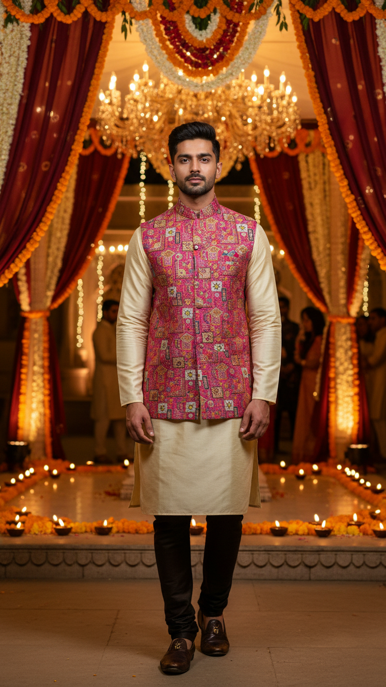 Designer Floral Position Printed Nehru Koti Only Fabric