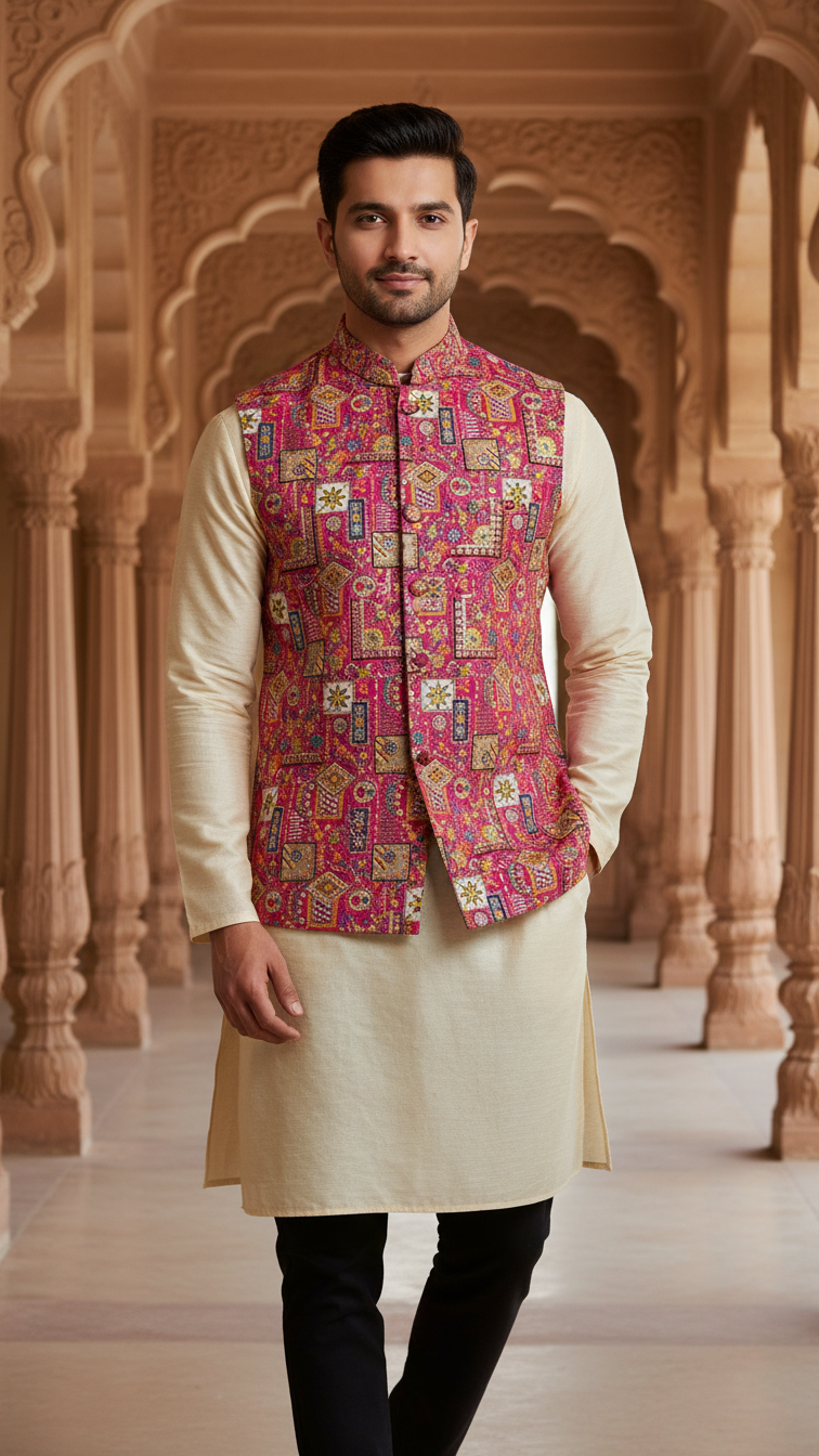 Designer Floral Position Printed Nehru Koti Only Fabric