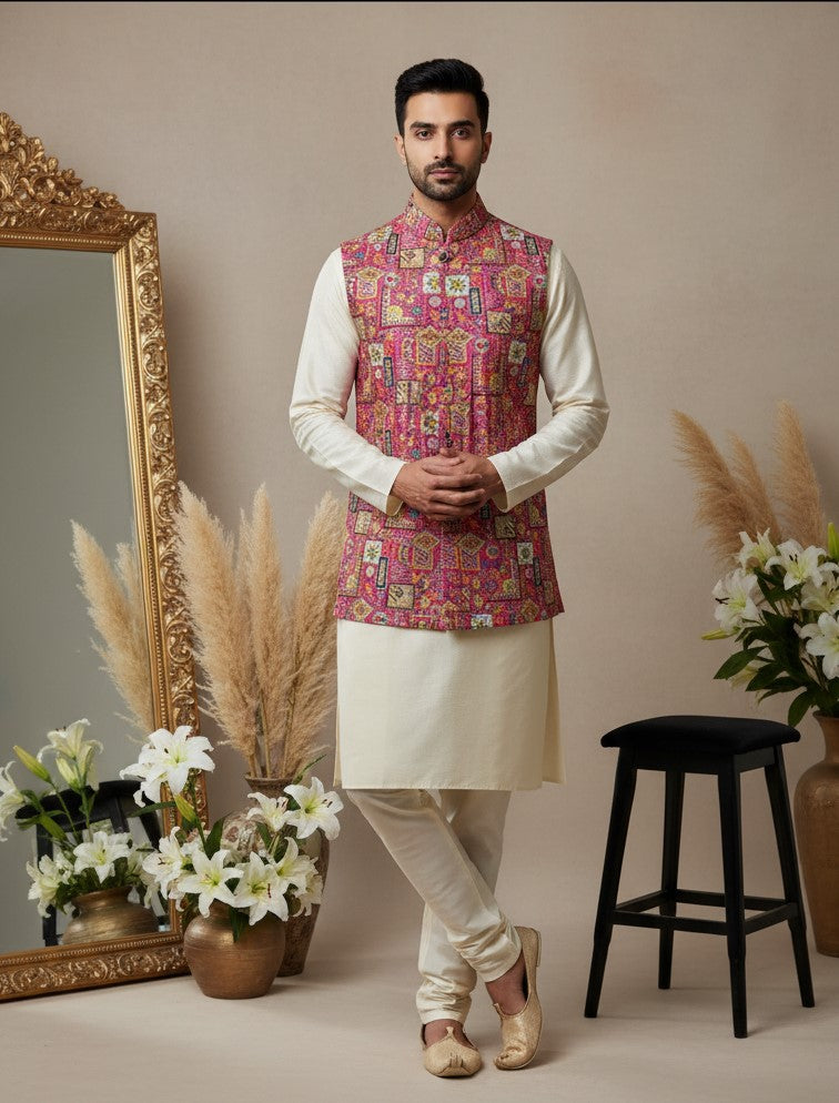 Designer Floral Position Printed Nehru Koti Only Fabric