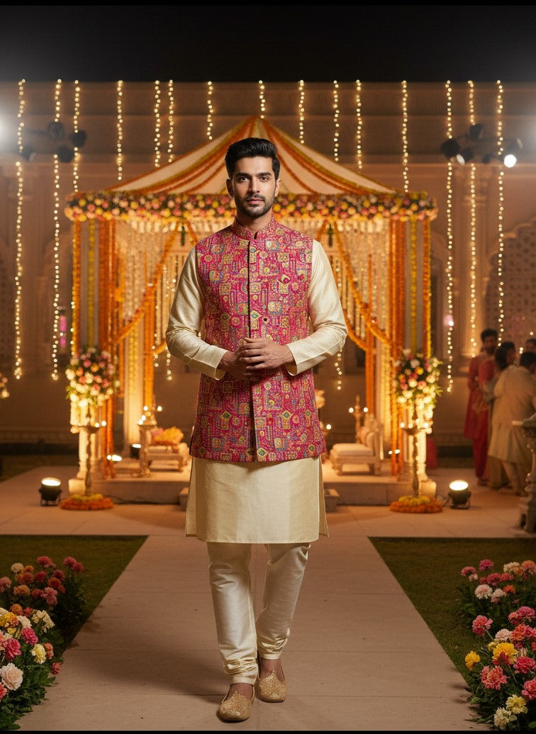 Designer Floral Position Printed Nehru Koti Only Fabric