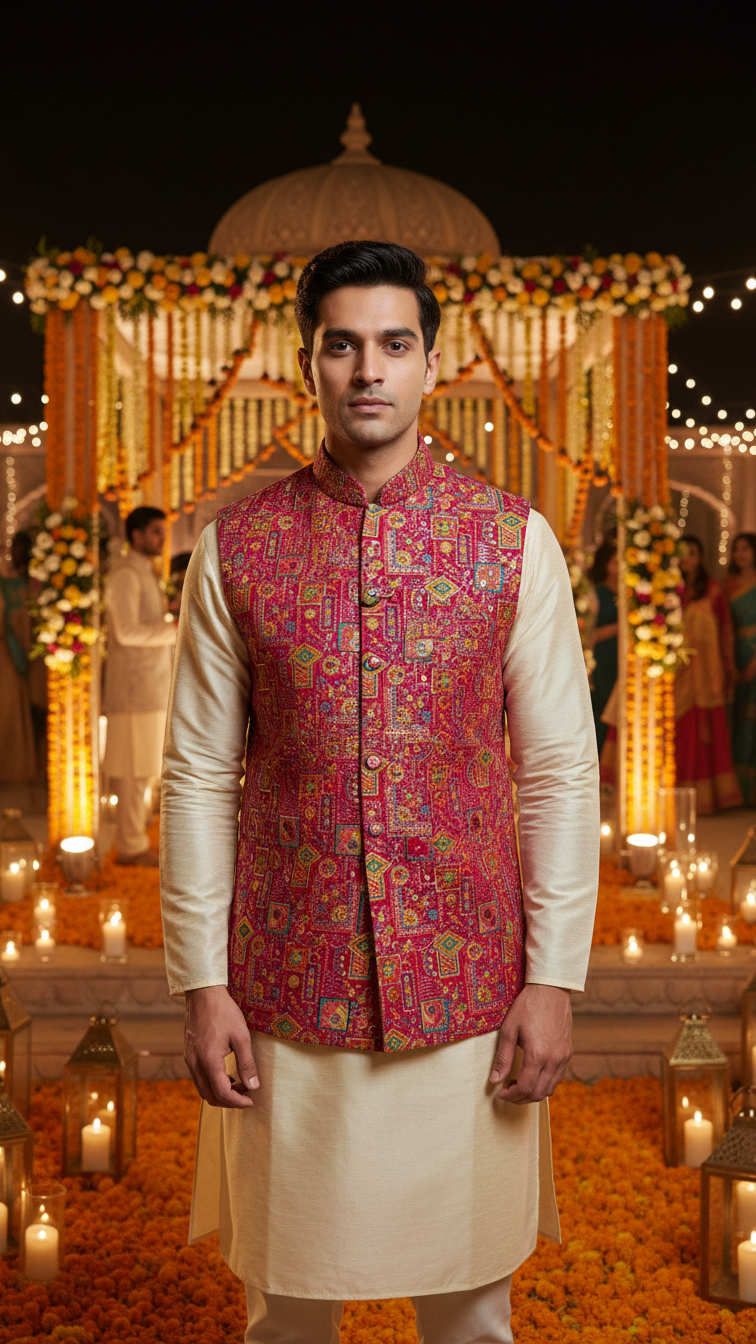 Designer Floral Position Printed Nehru Koti Only Fabric