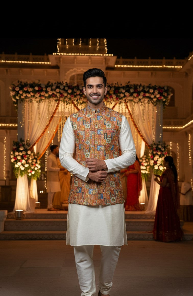 Designer Floral Position Printed Nehru Koti Only Fabric