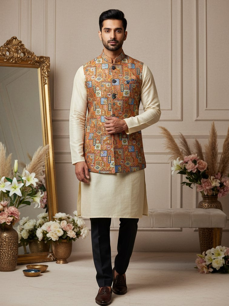 Designer Floral Position Printed Nehru Koti Only Fabric