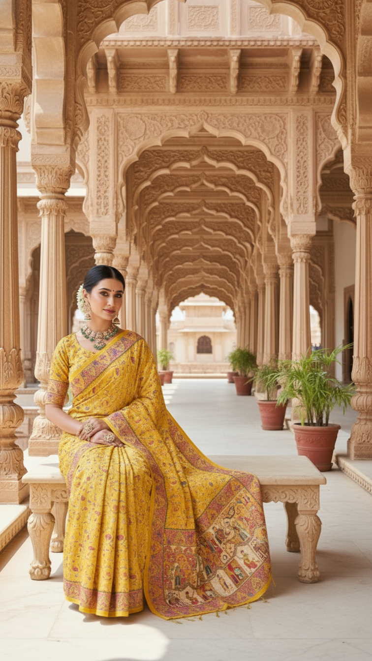 Dola silk Yellow  jacquard viscose Saree with Multicolor Floral Border