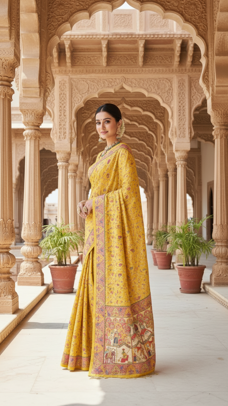 Dola silk Yellow  jacquard viscose Saree with Multicolor Floral Border
