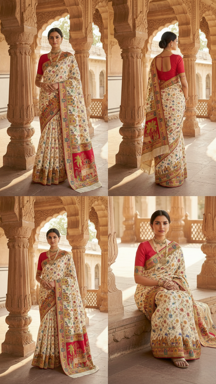 Dola silk Cream jacquard viscose Saree with Multicolor Floral Border